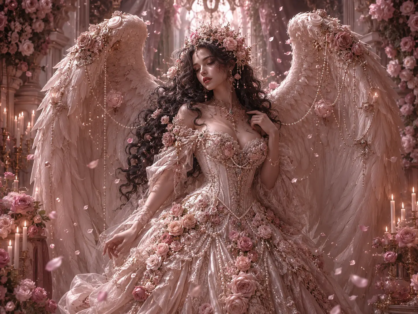 Victorian angel woman with rose wings in candlelit sanctuary