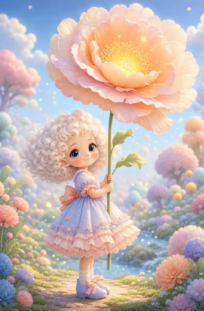 Pastel cartoon girl with giant glowing flower