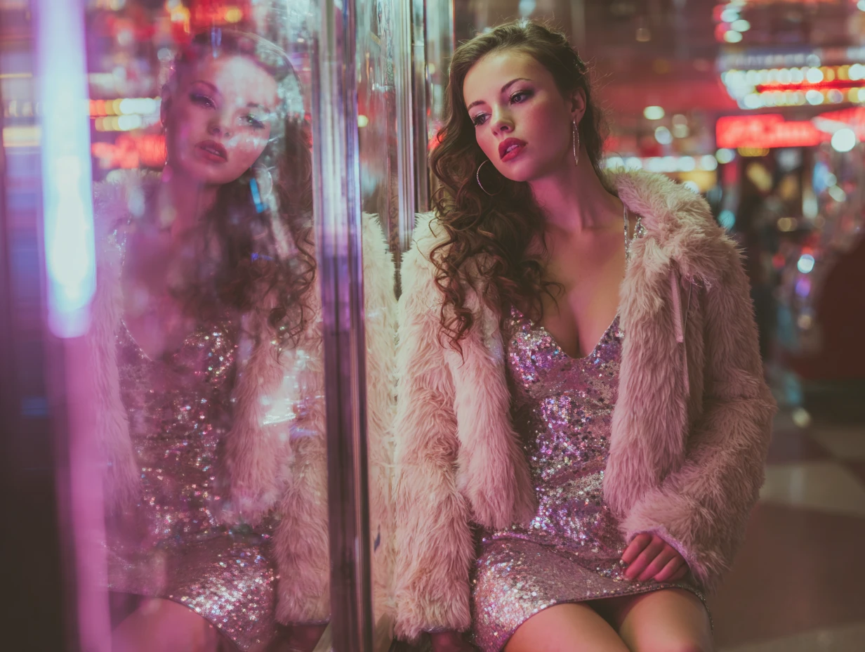 Retro glam woman posing in a glowing mall photo booth
