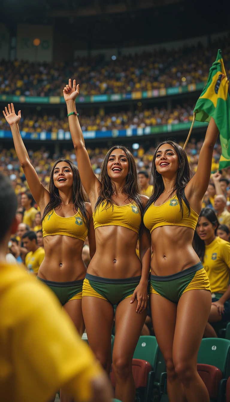Tifosi brasiliani che fanno il tifo in una vivace folla da stadio dei Mondiali