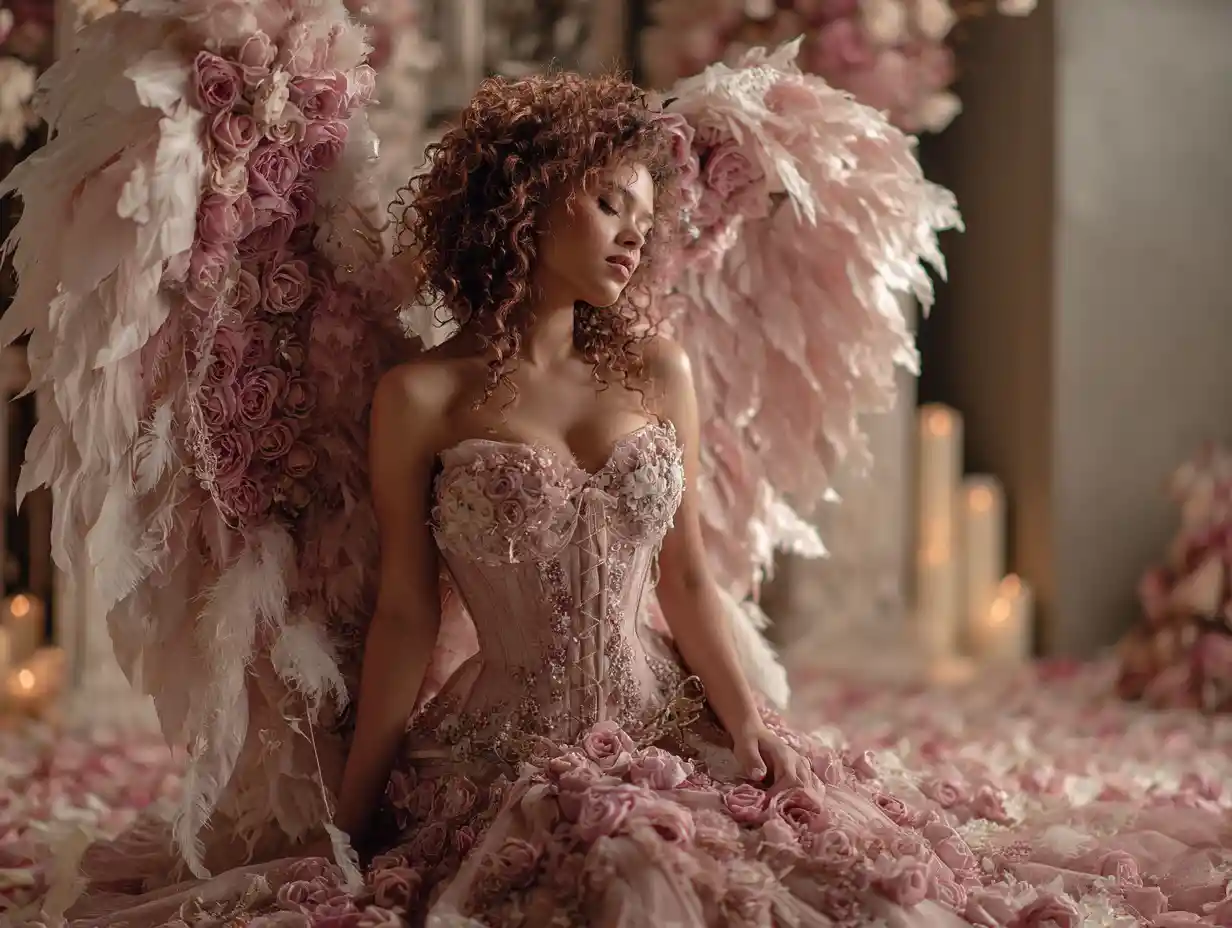 Victorian angel woman with rose wings in candlelit sanctuary
