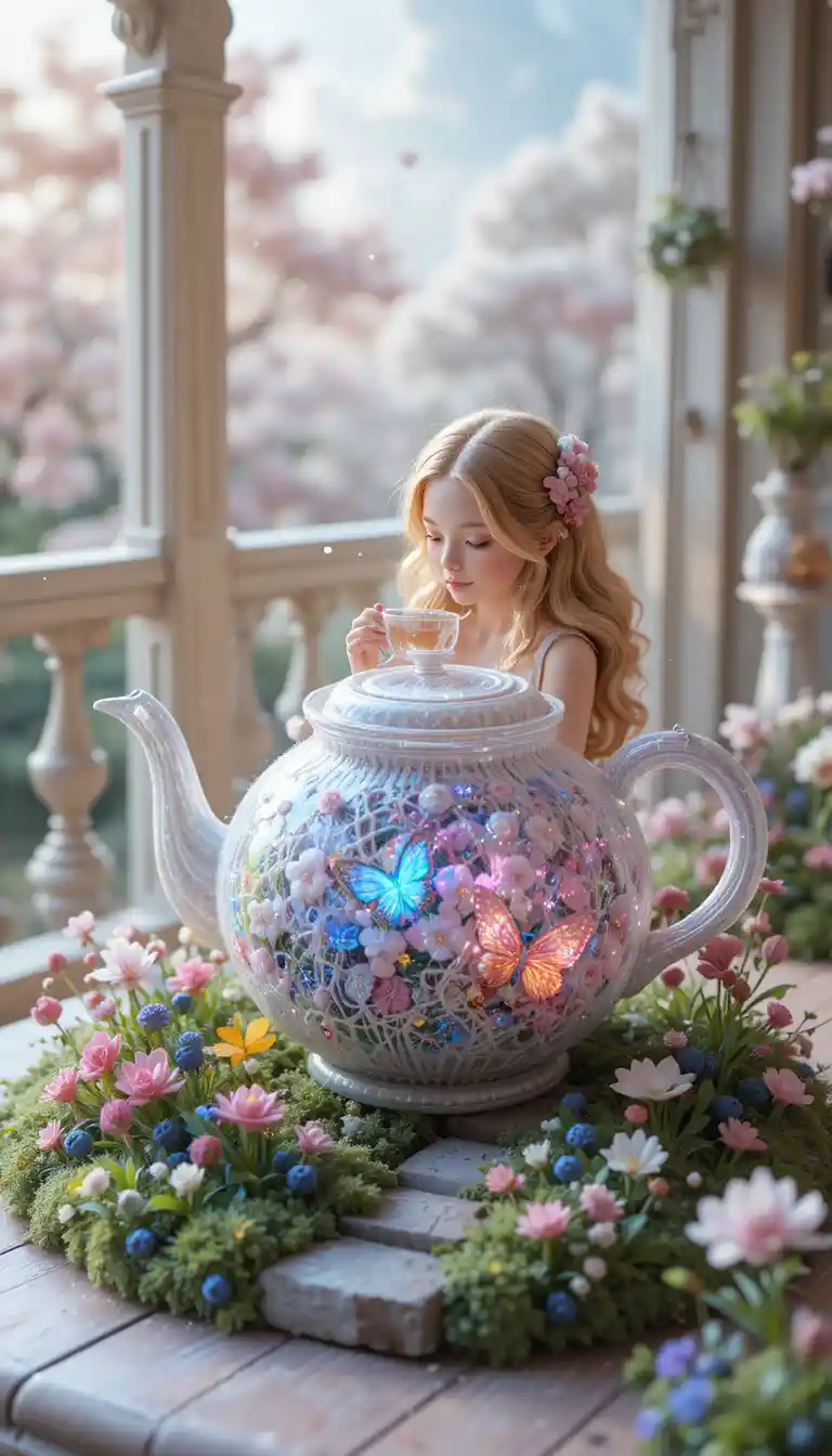 Knitted teapot on a table with a tiny girl sipping tea