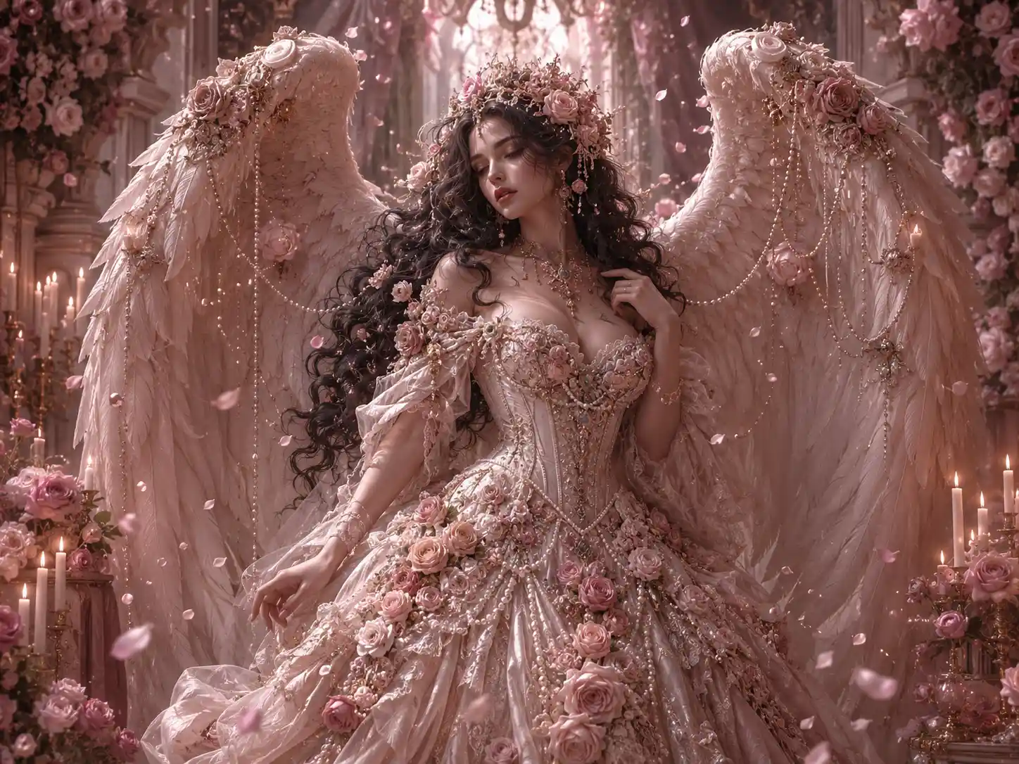 Victorian angel woman with rose wings in candlelit sanctuary