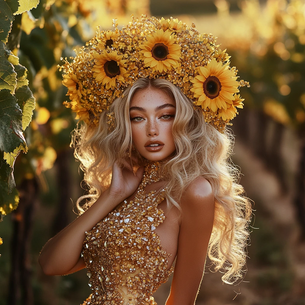 Golden haired woman in sunflower couture at sunset vineyard