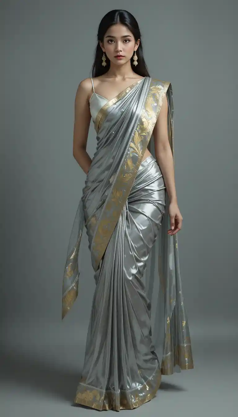 Tamil woman in glossy saree with exposed midriff pose