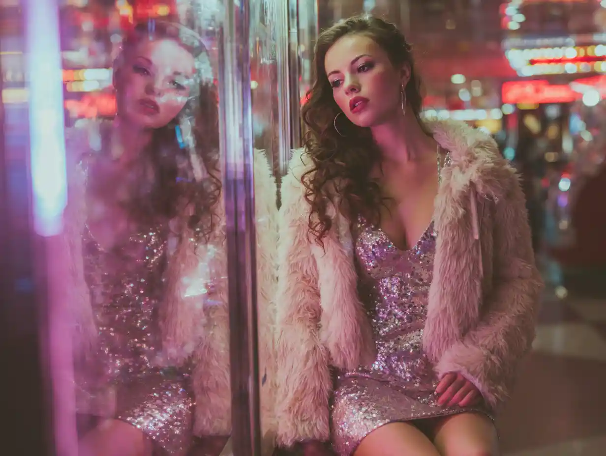 Retro glam woman posing in a glowing mall photo booth