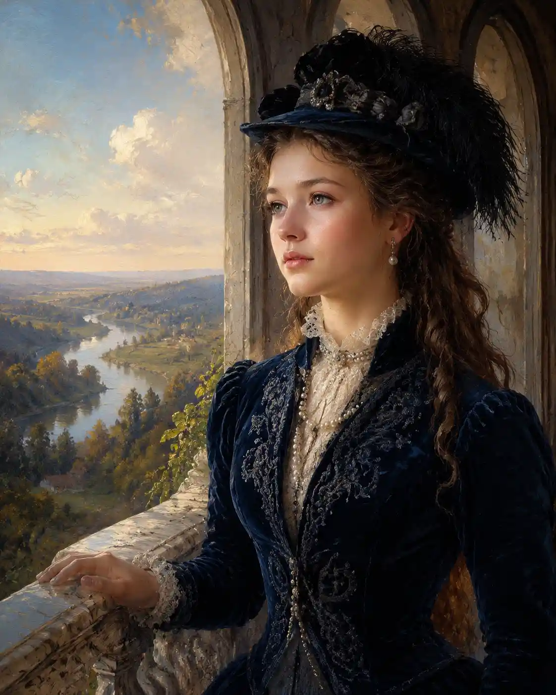 Femme victorienne en robe bleu marine sur un balcon en marbre