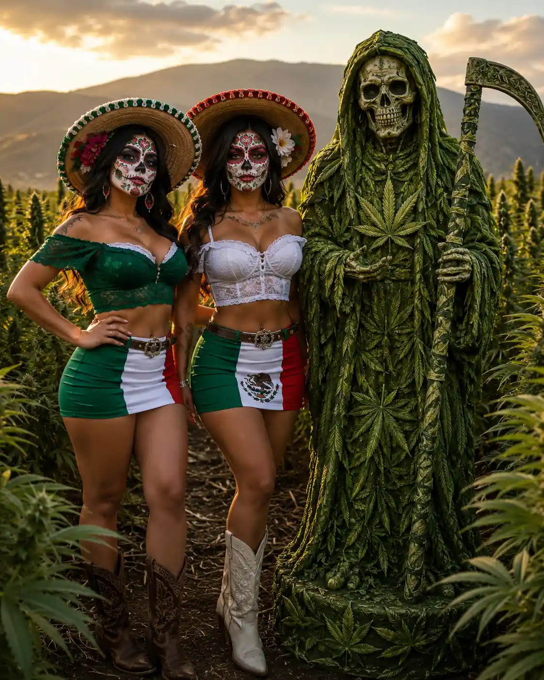 Mexican women in miniskirts standing in a marijuana field