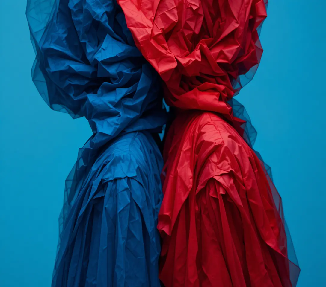 Colorful figures with deliberate linear folds in clothing