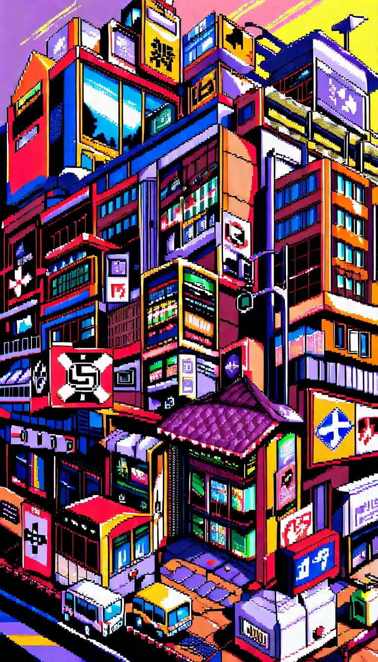 Pixel art anime girl with lilac braids on city street