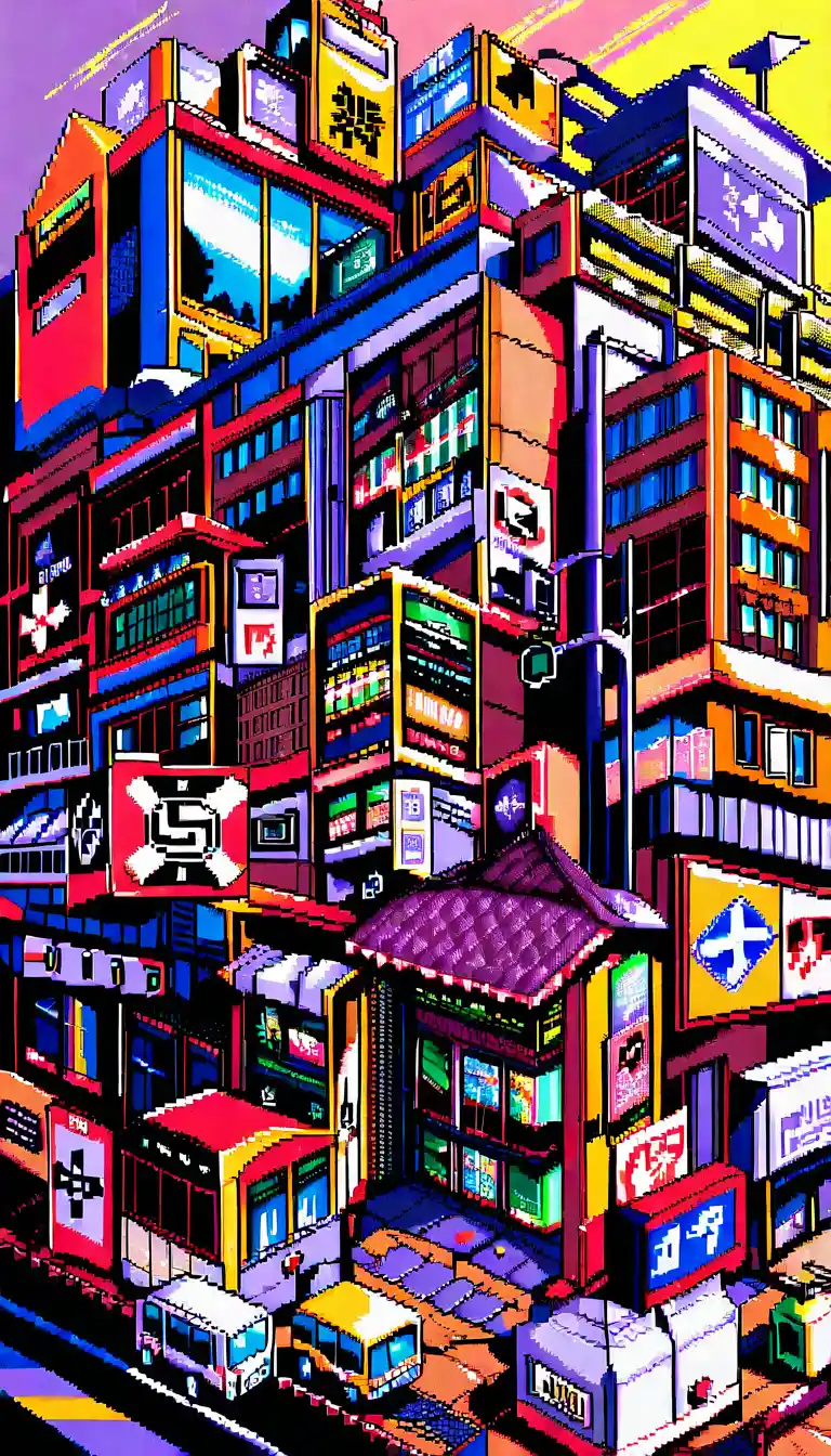 Pixel art anime girl with lilac braids on city street