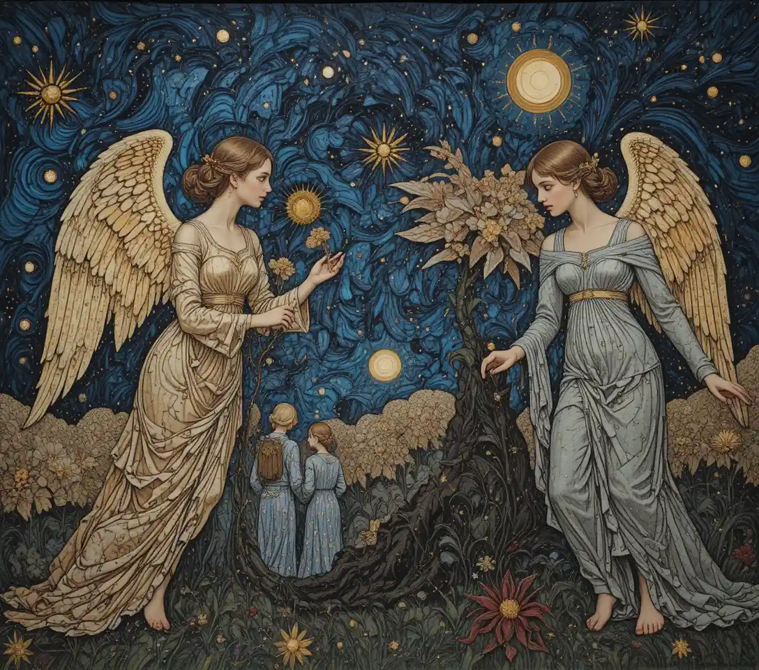 Angelic figures in flowing gothic robes beneath a starry sky