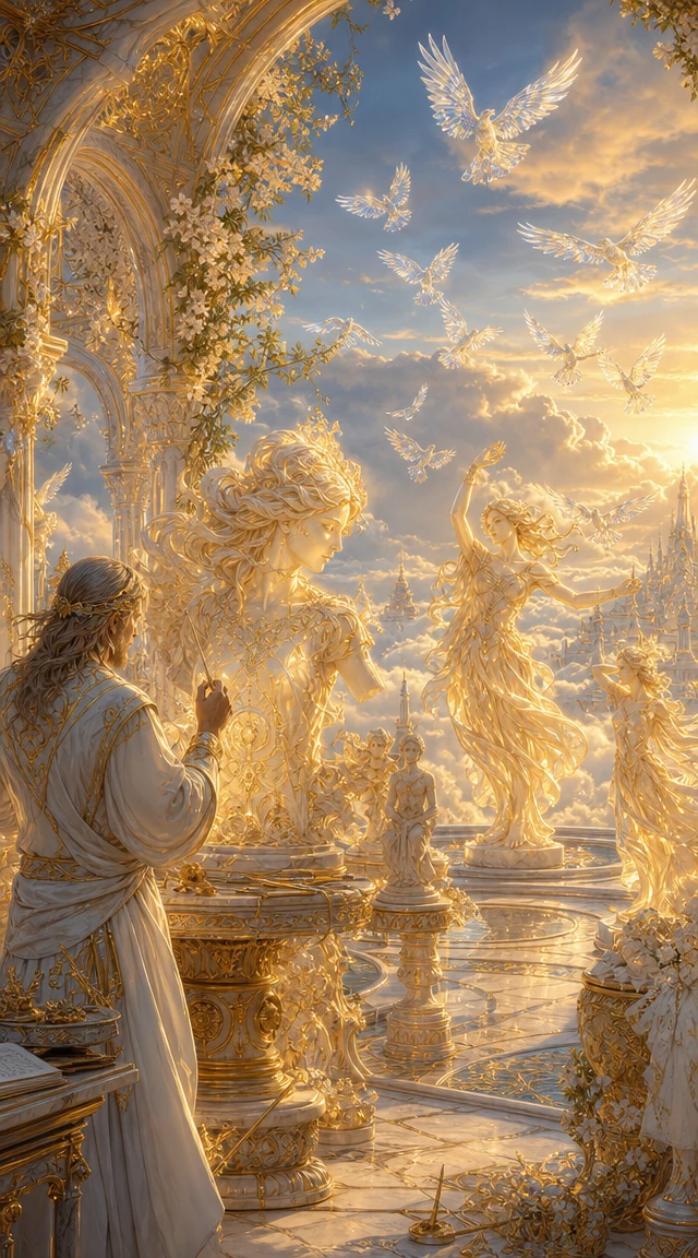 Artist shaping living statues from radiant sunlight