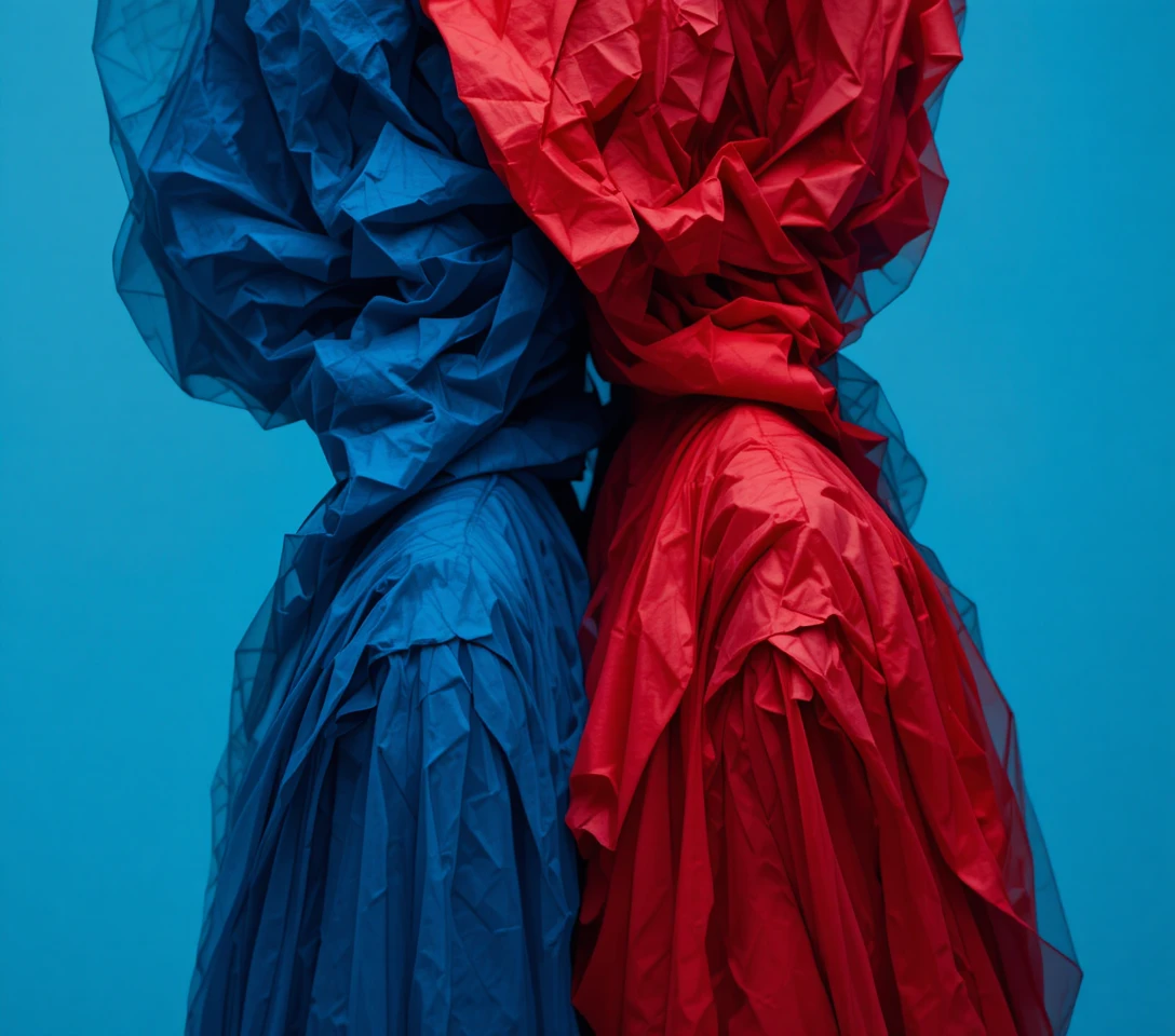 Colorful figures with deliberate linear folds in clothing