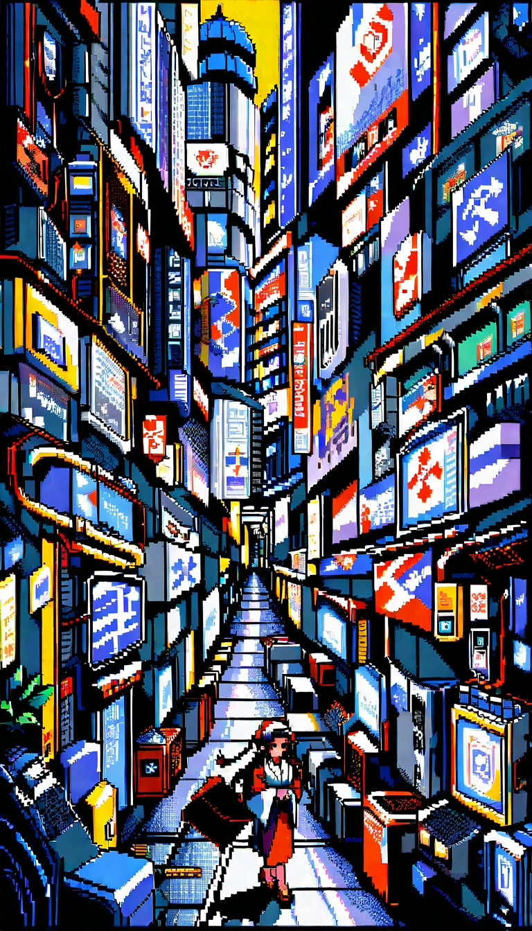 Anime girl with lilac twin braids walking on city street