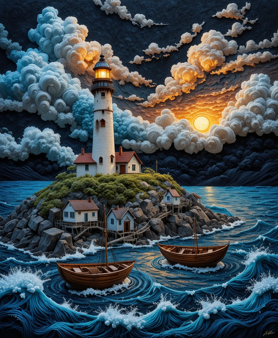 Embroidered Lighthouse Above Harbor In Golden Evening Light