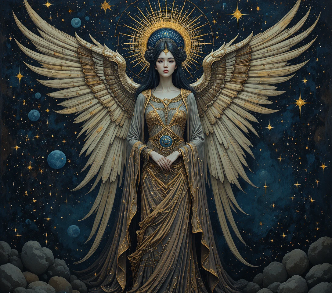 Mystical gothic angel floating before a starry night sky