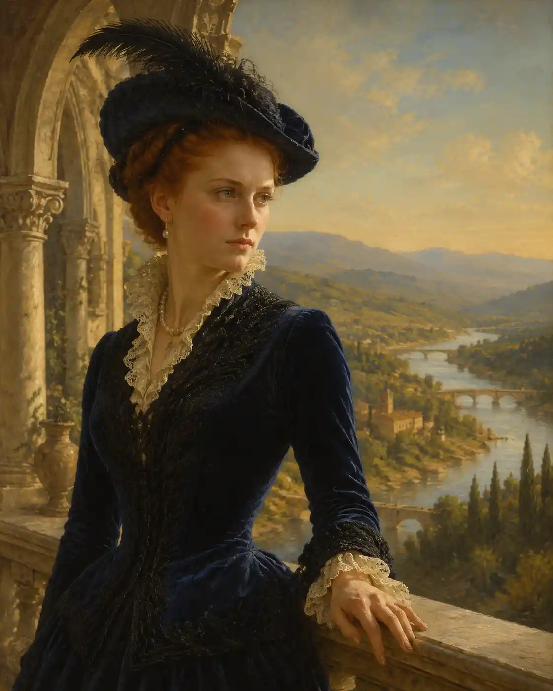 Victorian woman by a balcony overlooking Tuscan valley