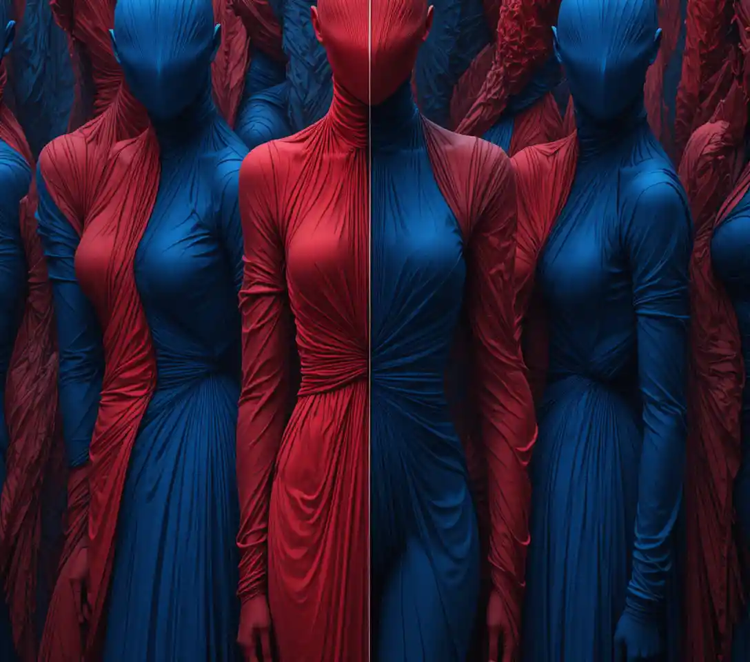 Figurative painting with linear folds and vivid saturated colors