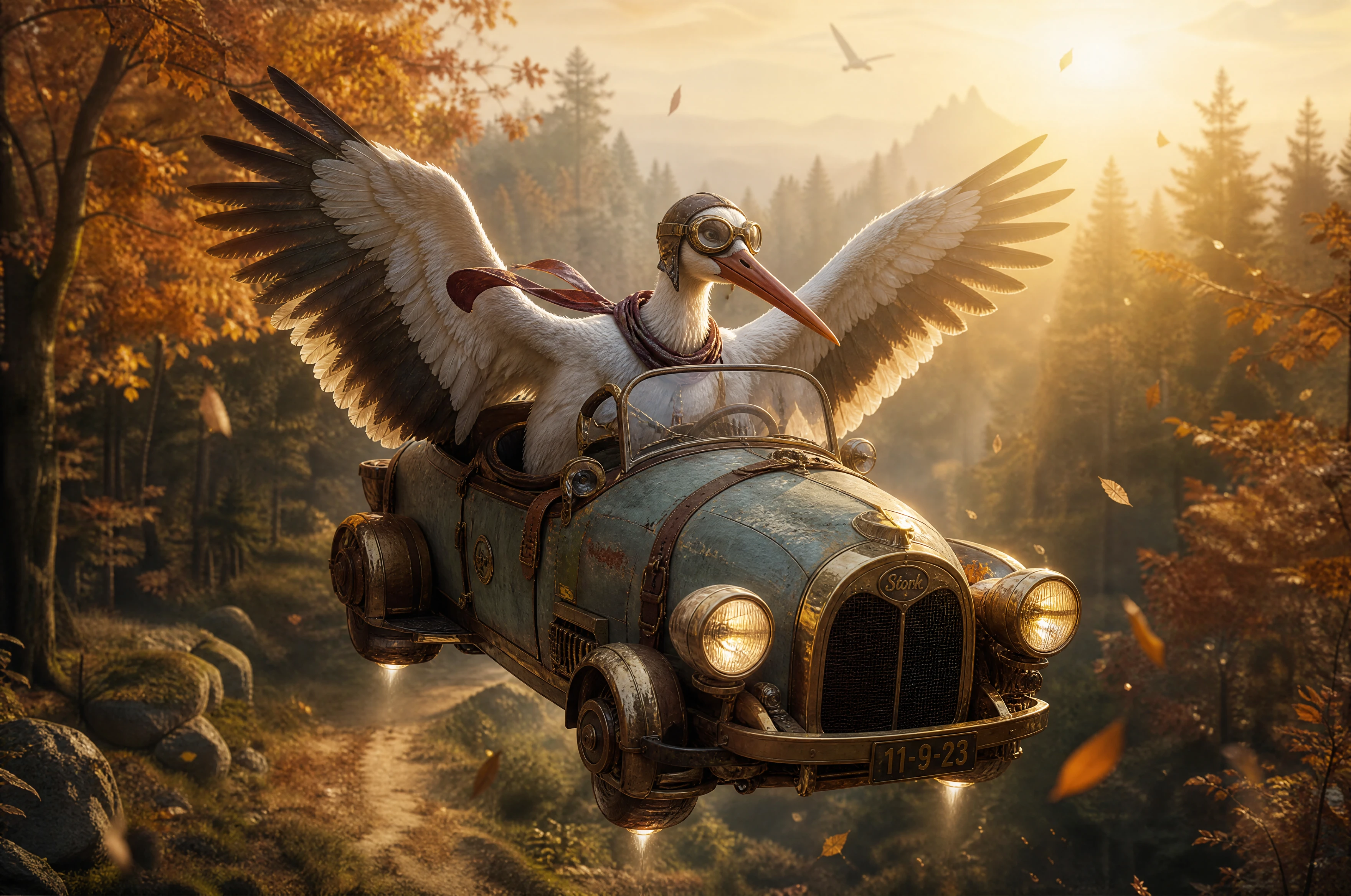 Stork aviator driving a floating vintage car at sunset