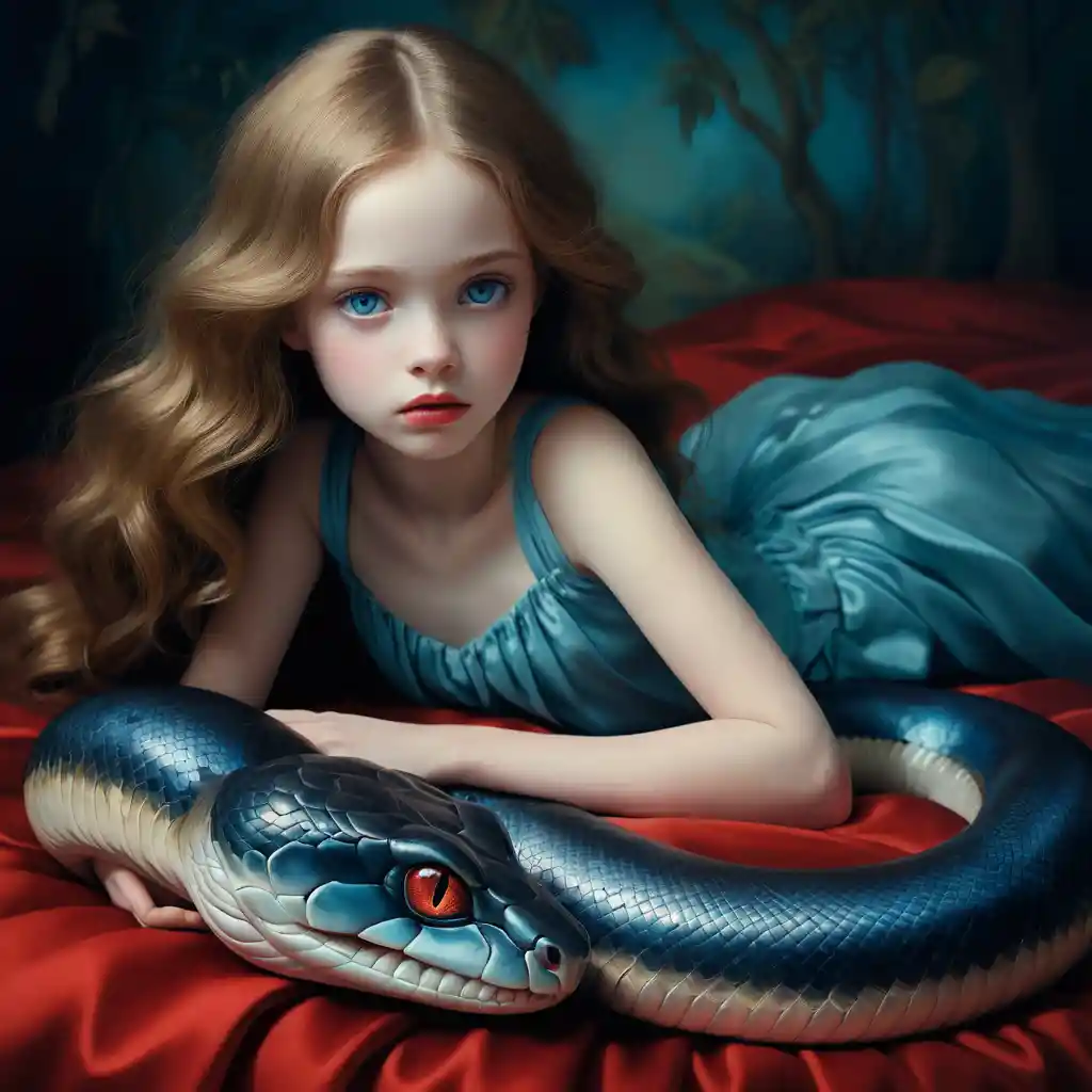 Melancholic young girl lying barefoot with a coiled serpent