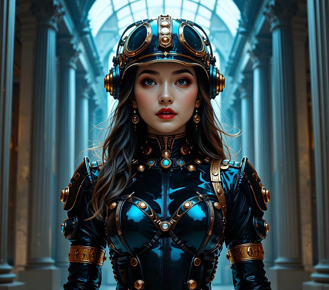 Young woman in steampunk ant armor kneeling in bright hall