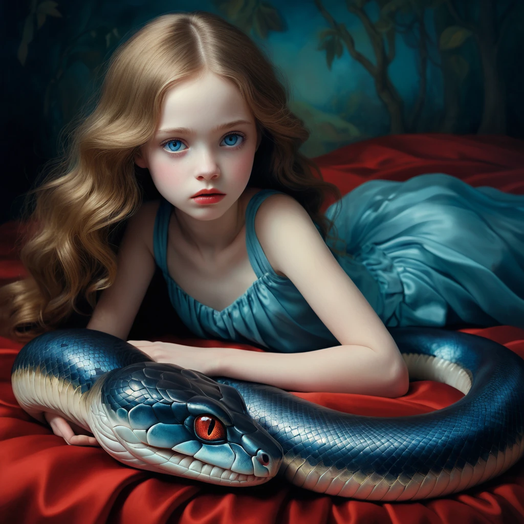 Melancholic young girl lying barefoot with a coiled serpent