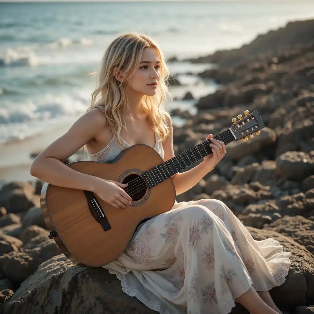 Blonde woman playing guitar on a sunny rocky shoreline