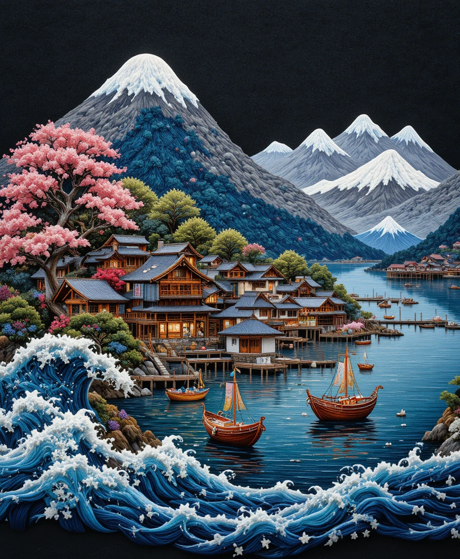 Village côtier japonais brodé avec bateaux et fleurs