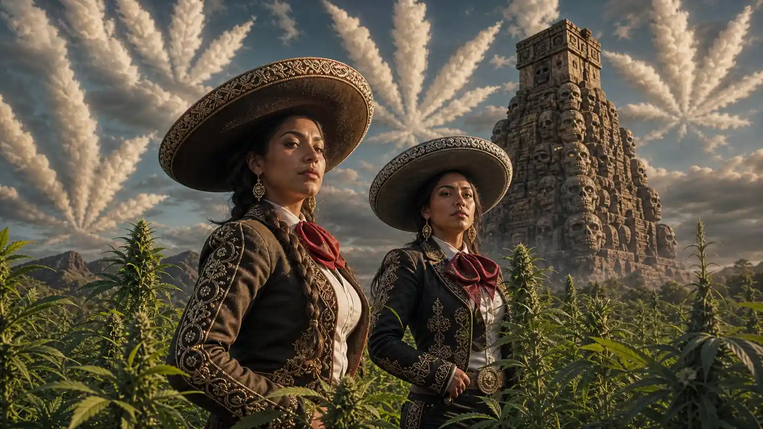 Two Mexican women standing in a fantasy marijuana field
