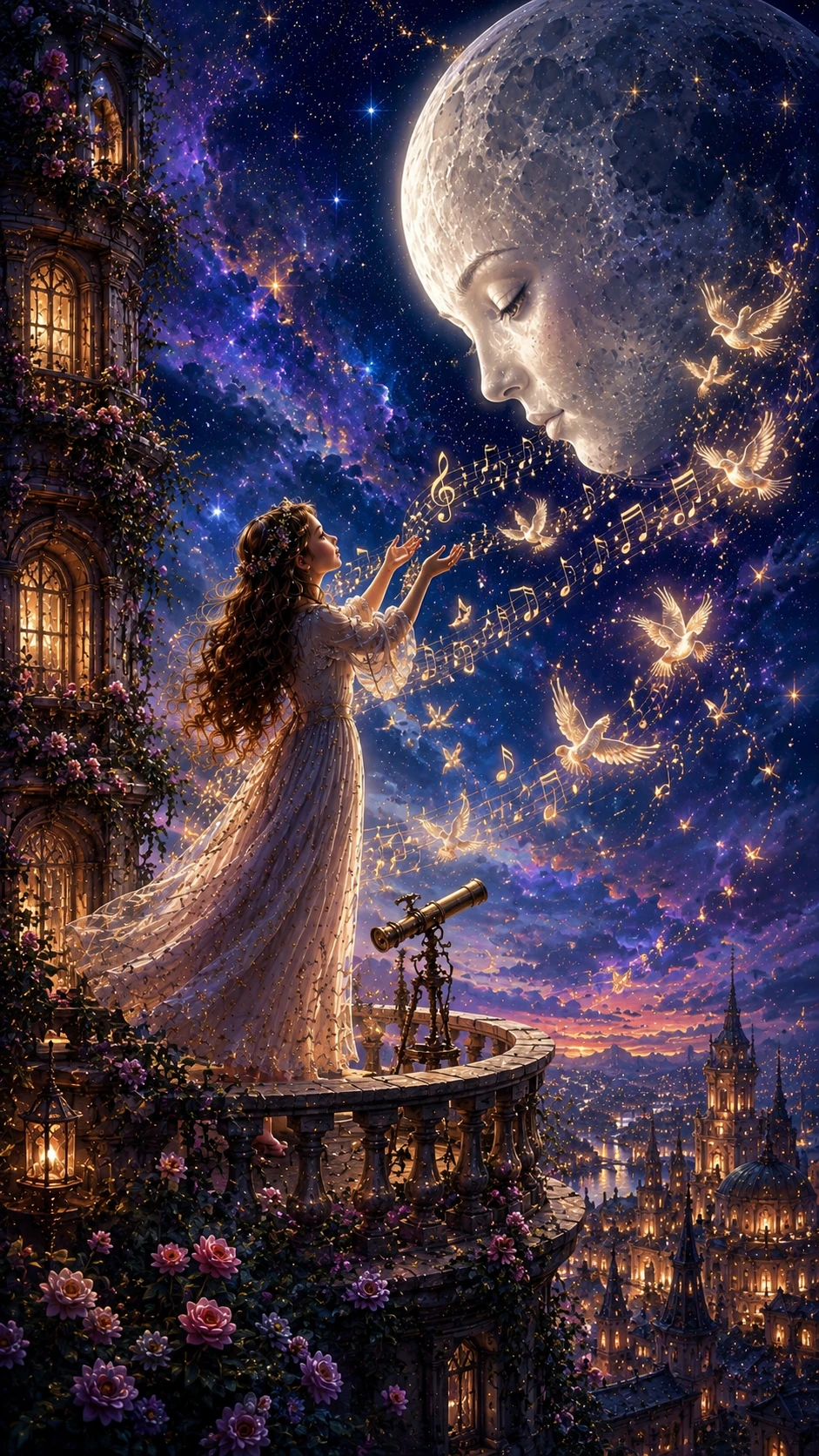 Young girl teaching melodies to a descending silver moon