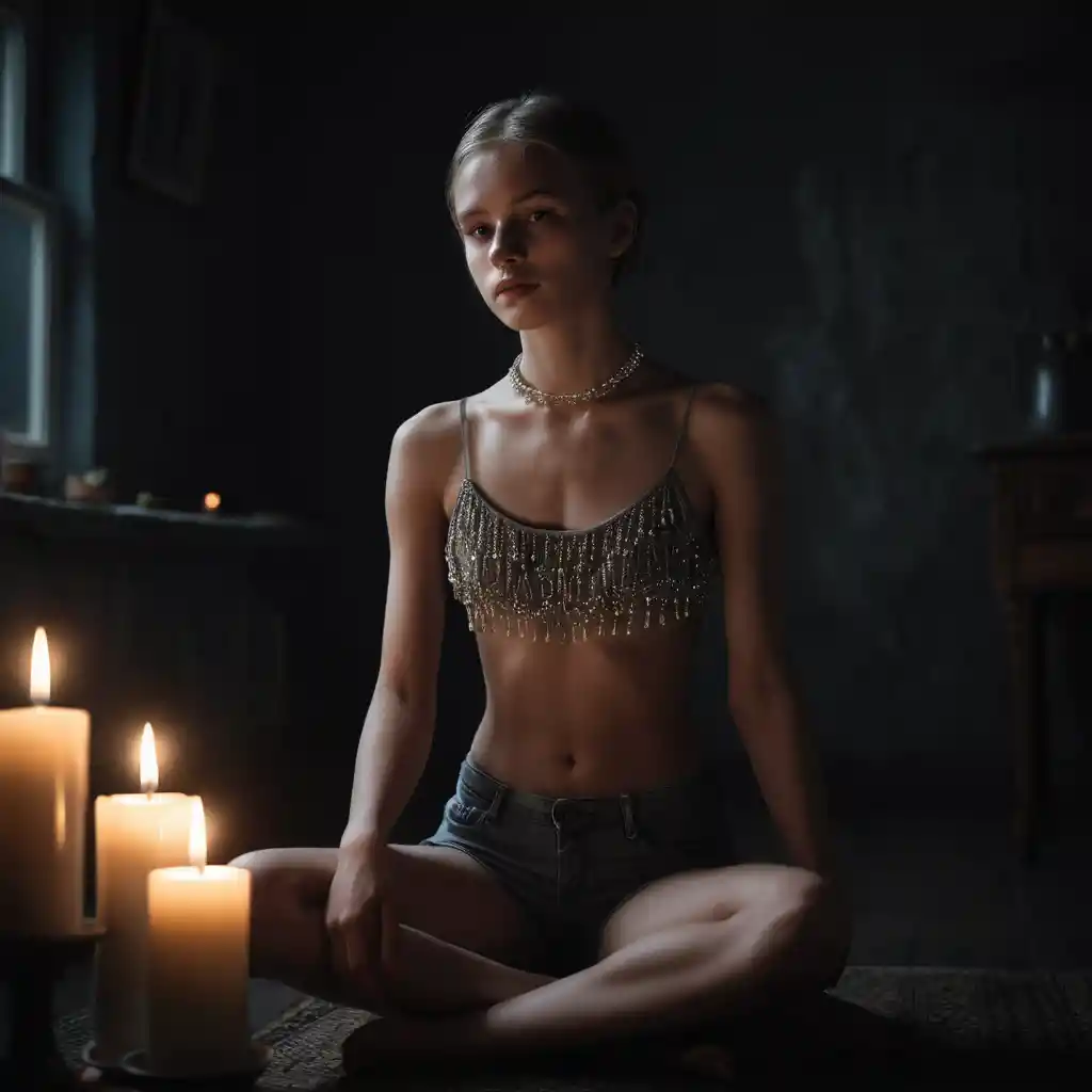 Young girl posing on the floor by a single candle