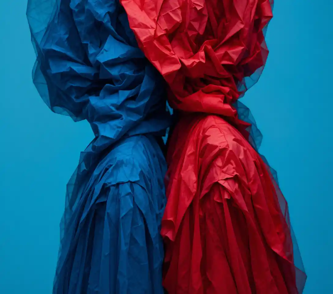 Colorful figures with deliberate linear folds in clothing