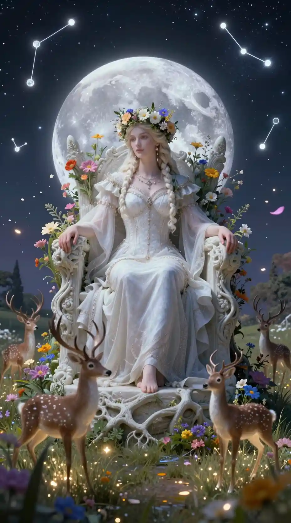 Regal flower crowned queen on a moonlit root throne
