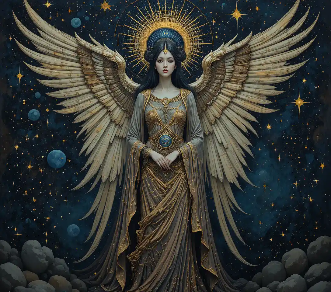 Mystical gothic angel floating before a starry night sky