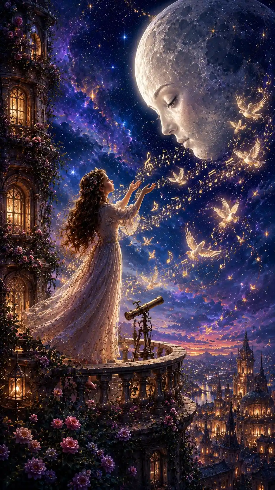Young girl teaching melodies to a descending silver moon