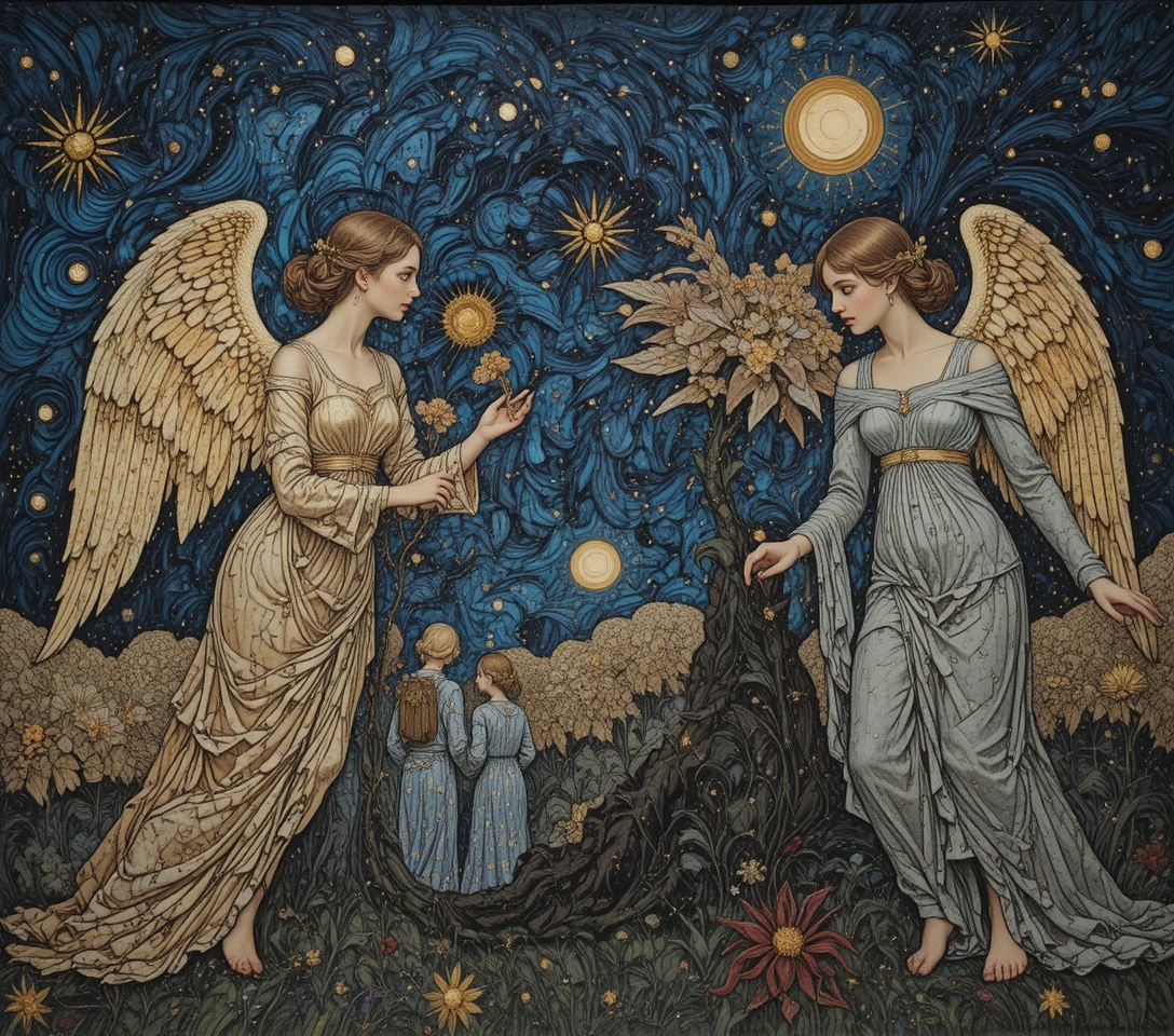 Angelic figures in flowing gothic robes beneath a starry sky