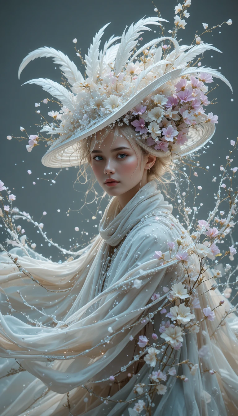 Blonde woman in white feathered hat in desert landscape