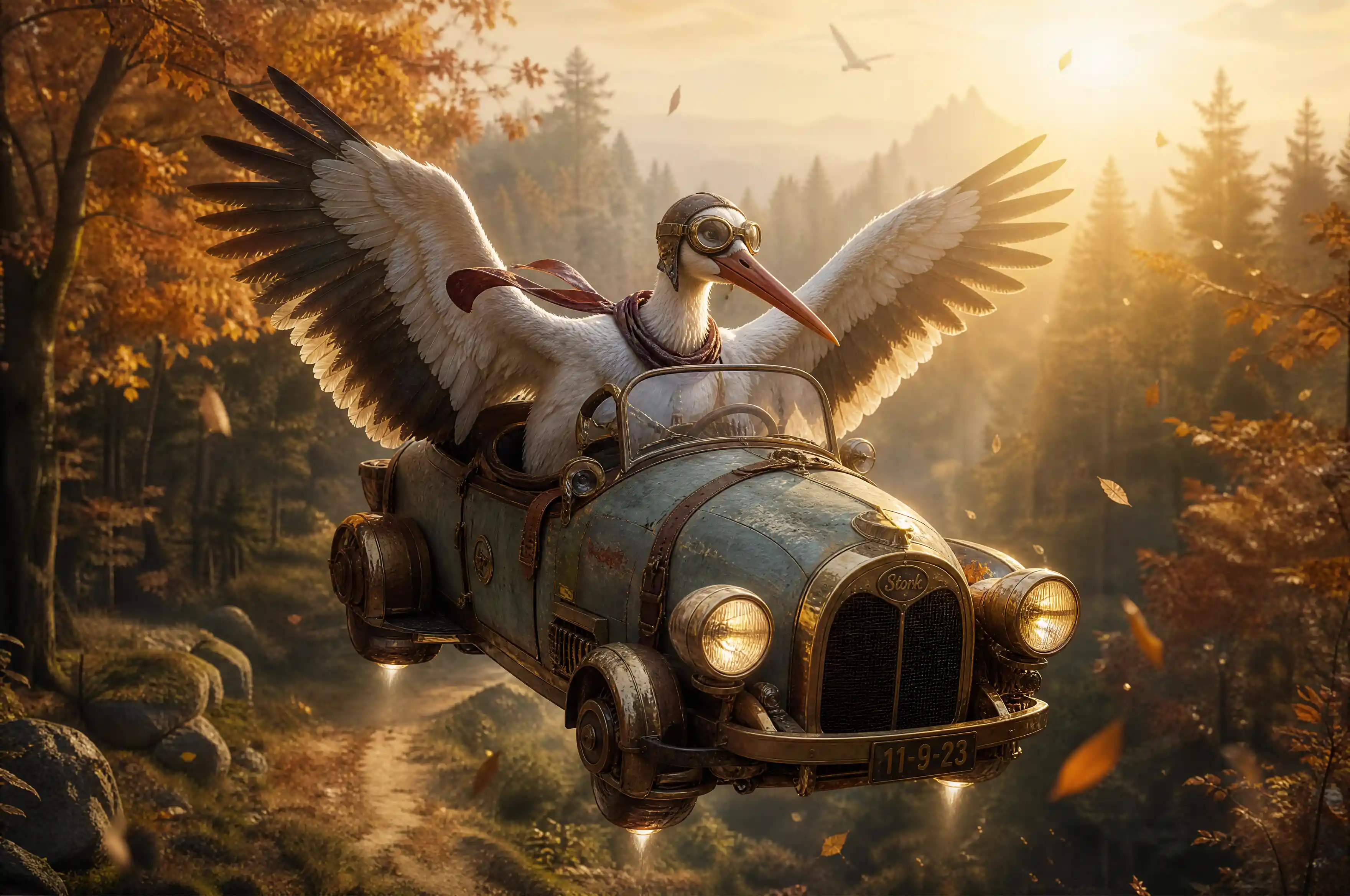 Stork aviator driving a floating vintage car at sunset