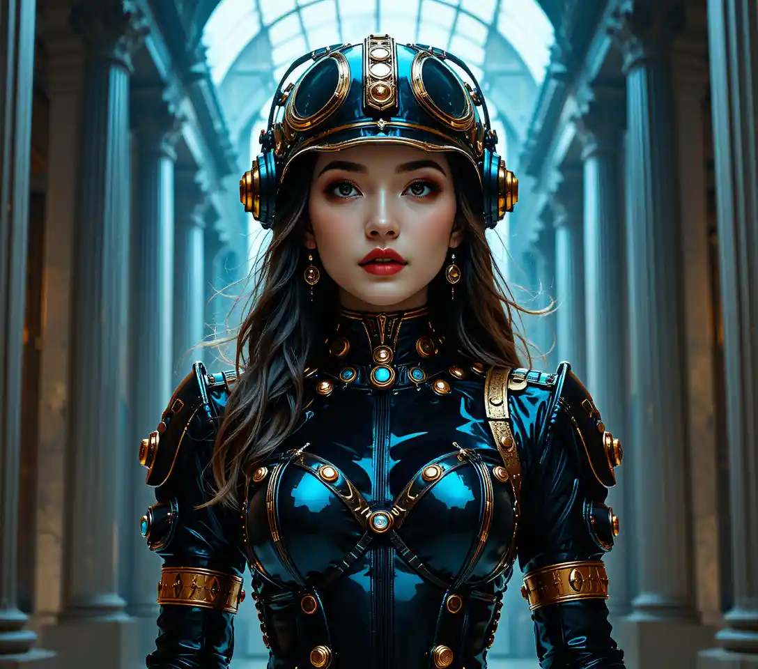 Young woman in steampunk ant armor kneeling in bright hall