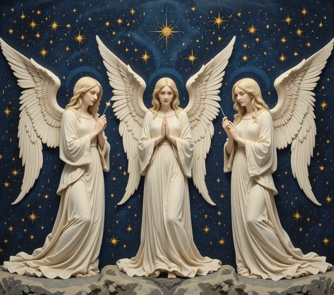 Angels In Flowing Robes Beneath A Gothic Starry Sky
