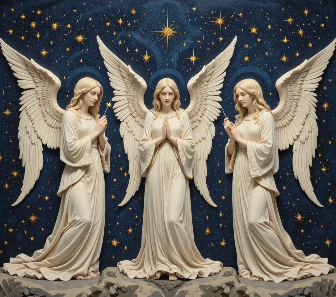 Angels In Flowing Robes Beneath A Gothic Starry Sky