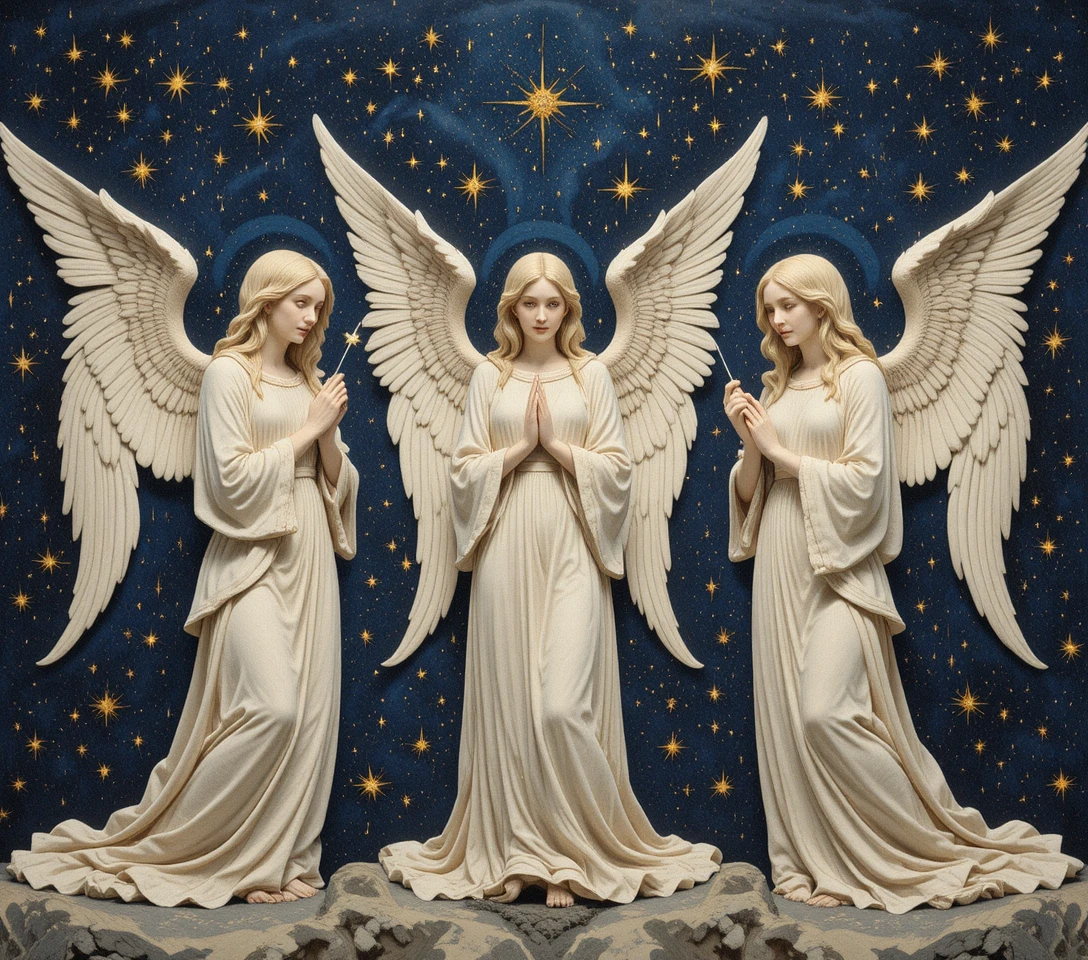 Angels In Flowing Robes Beneath A Gothic Starry Sky