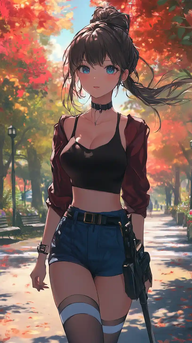 Anime girl running through a red leaf city park at dawn