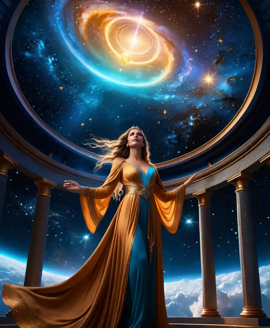 Mystical sorceress floating above a celestial observatory