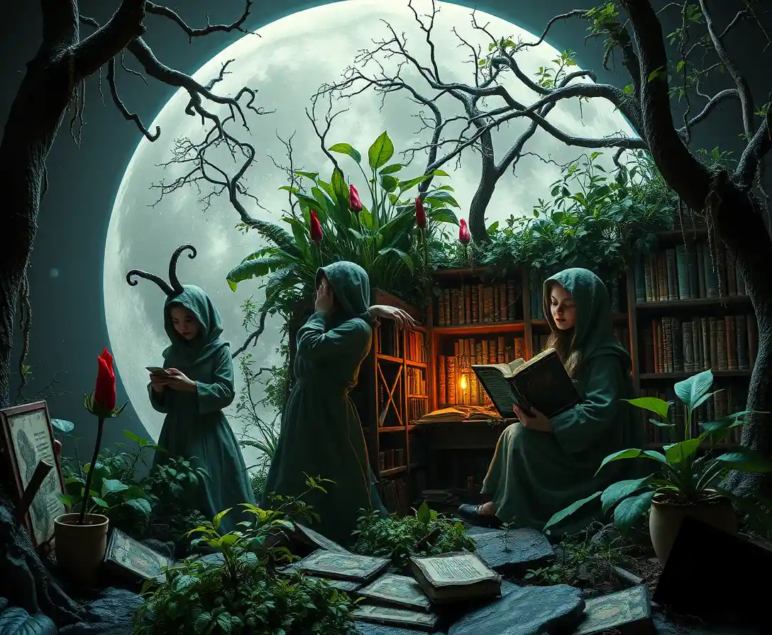 Whimsical forest librarians cleaning vines in lunar library
