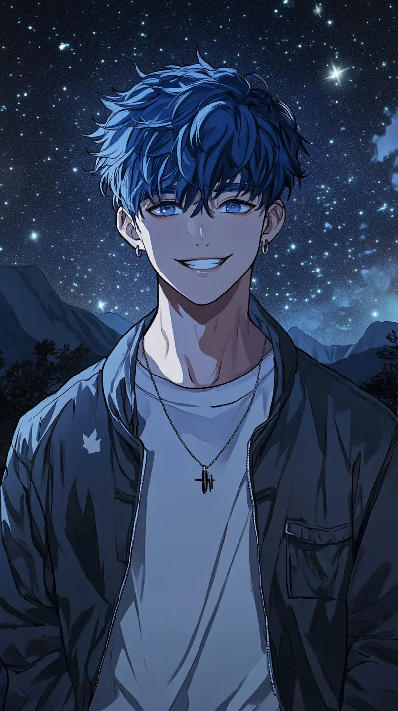 Tall young man in manhwa style under starry mountain sky