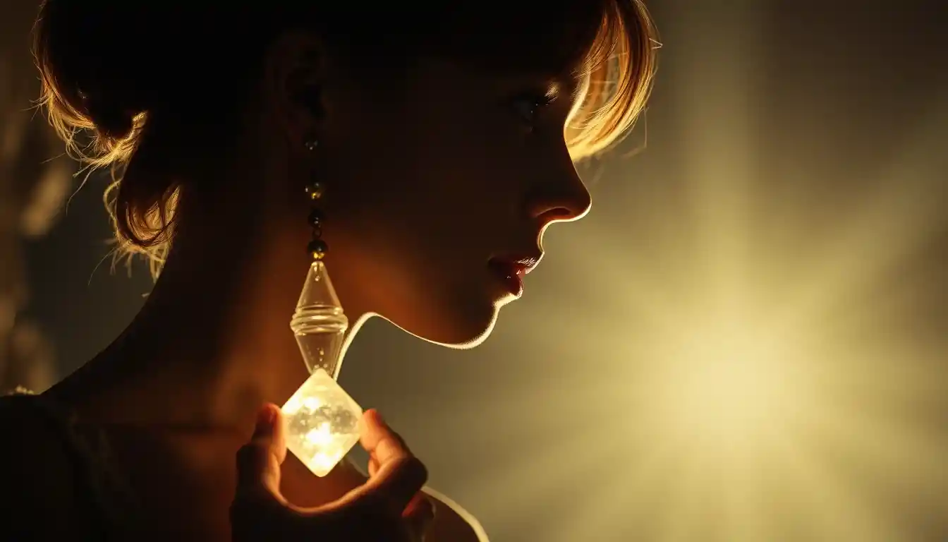 Young woman holding glowing crystal in cinematic side profile