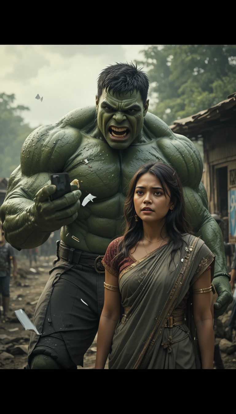 Angry green giant with woman in emotional village scene