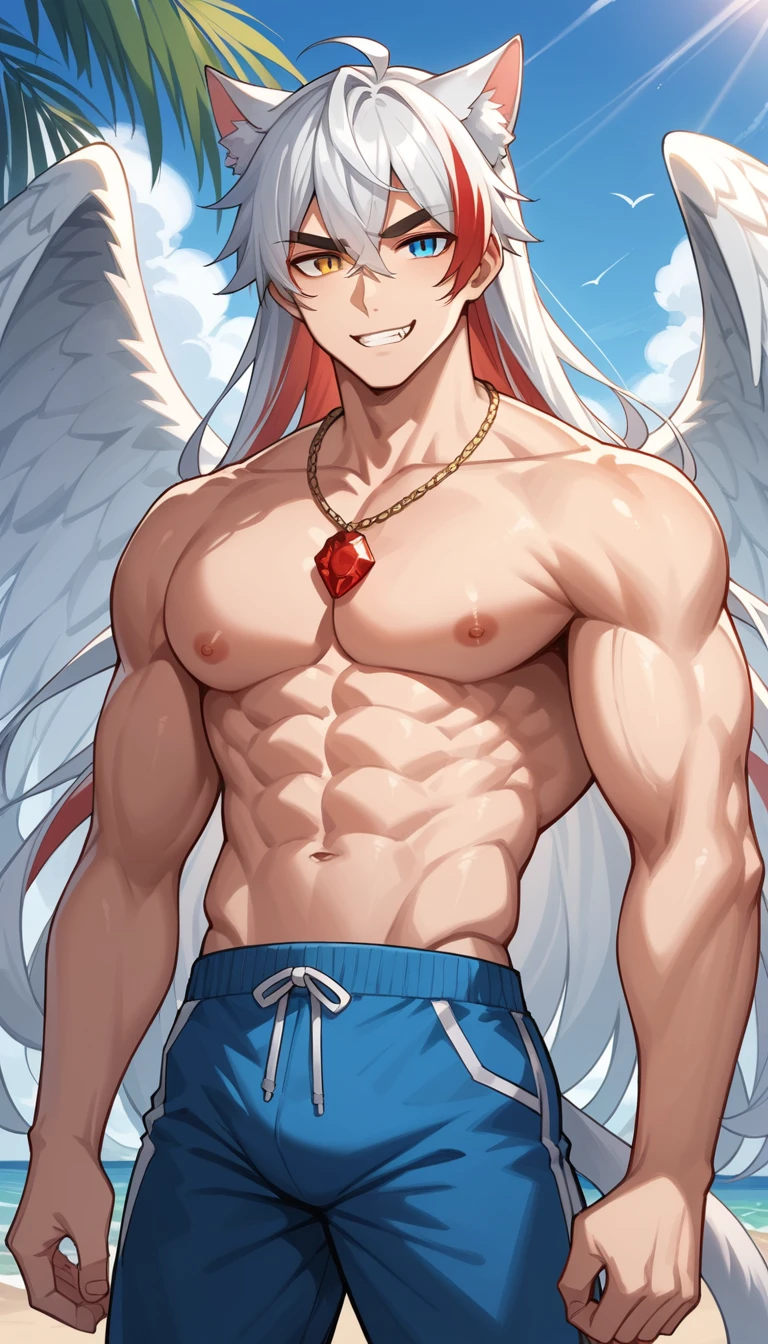 Tall muscular anime man with split color hair outdoors